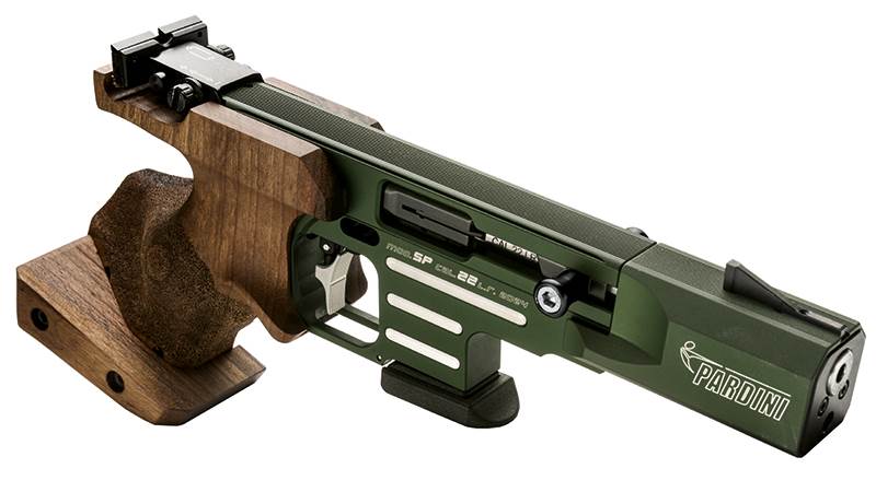 Pistol Pardini SP RF (Rapid Fire) Hi-Tech Green .22 LR, toppmodern pistol för tävlingsskytte