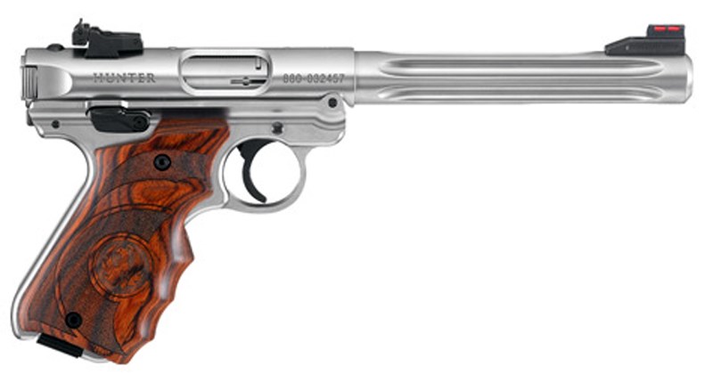 Pistol Ruger MKIV Hunter, .22 LR, rostfri, kolv med fingerriller